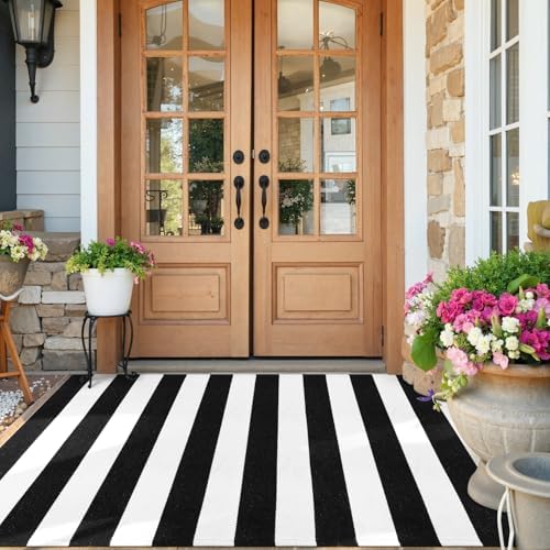 Black and White Buffalo Plaid Outdoor Rug Fall Patio Floor…