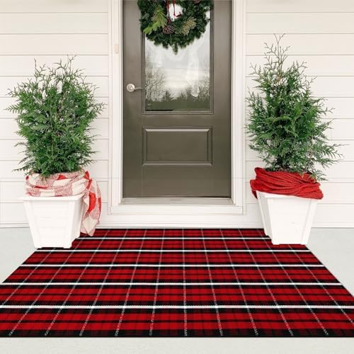 Christmas Door Mat Outdoor Red and Black Front Porch Rug Decor